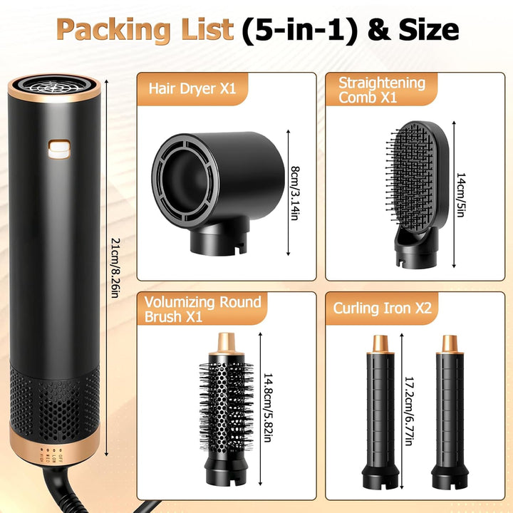 5 in 1 Airstyler Warmluftbürste 1000W Ionen - Hair Styler Set mit Rundbürstenföhn, Lockenstab & Styl