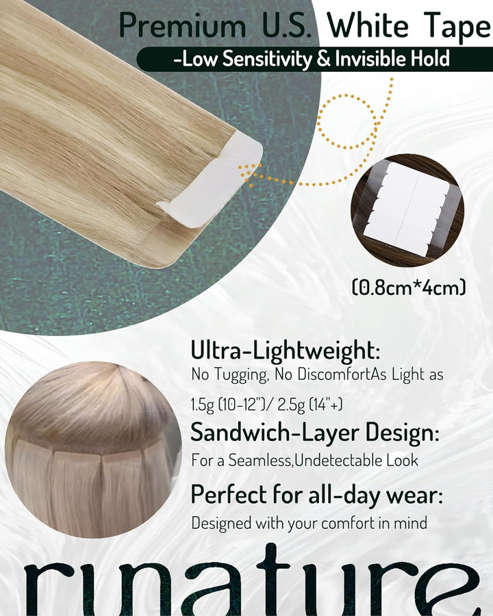 RUNATURE Blond Tape Echthaar Extensions 45cm Aschblond mit Platinblond Tape in Haarverlangerung Remy