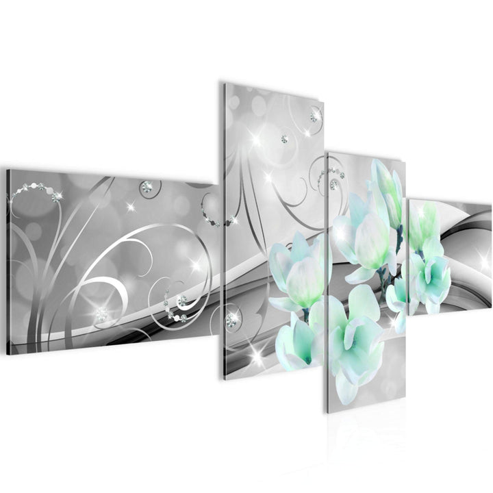 Runa Art Bild Modern Blumen Abstrakt - Made in Germany - Wandbilder Diamant Grau Türkis 4 Teilig 035