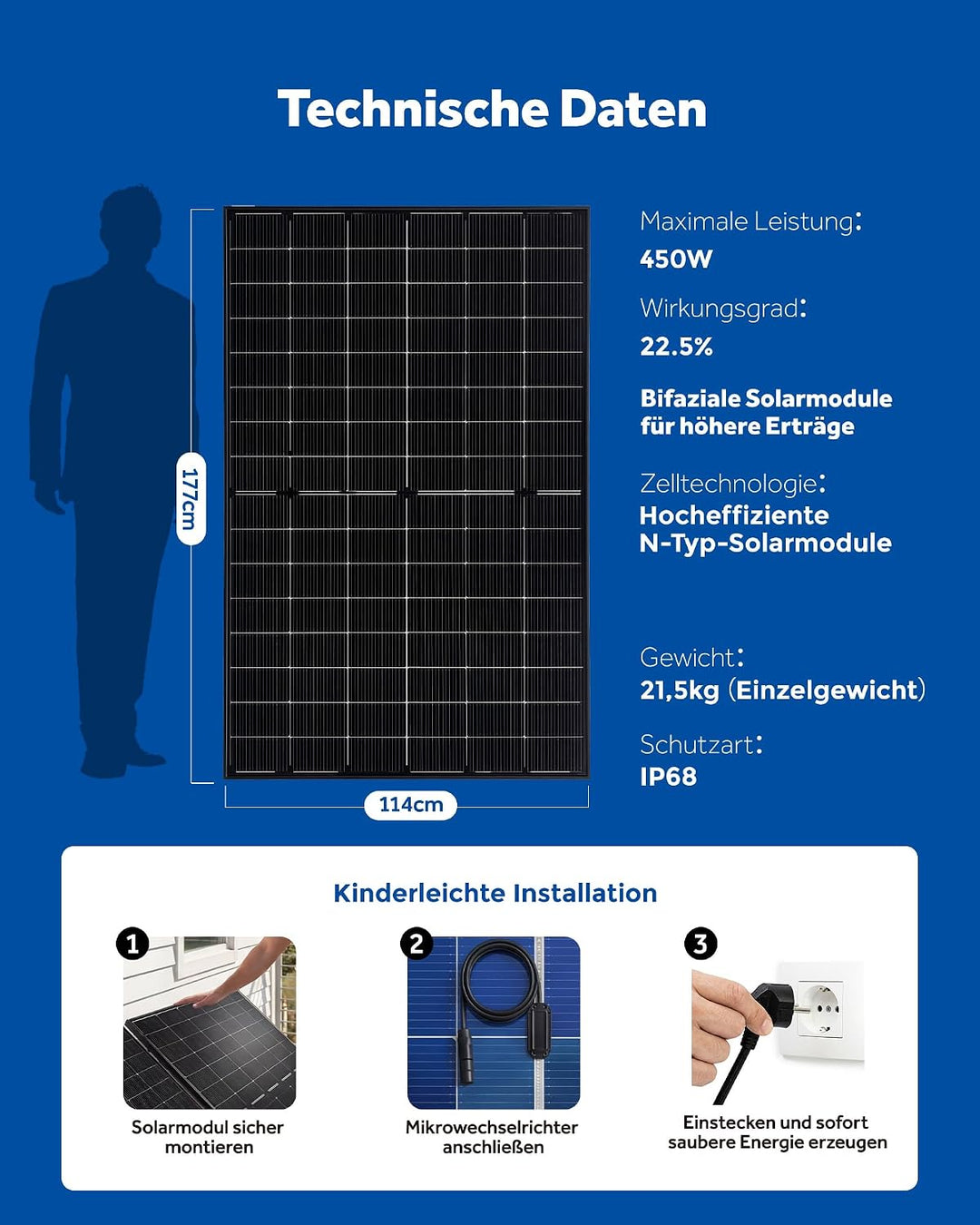 2x 450W Bifaziales Solarmodul, N-Typ Monokristallin 16BB Halbzellen-Modul, Ganz Schwarz Doppelglas,