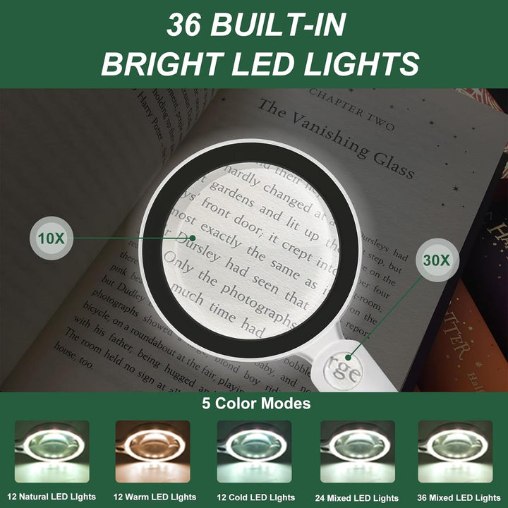 Grosse Lupe mit Licht USB Aufladbar, 10X 30X Leselupe mit Licht für Senioren Gross, 36 LED & 5 Licht