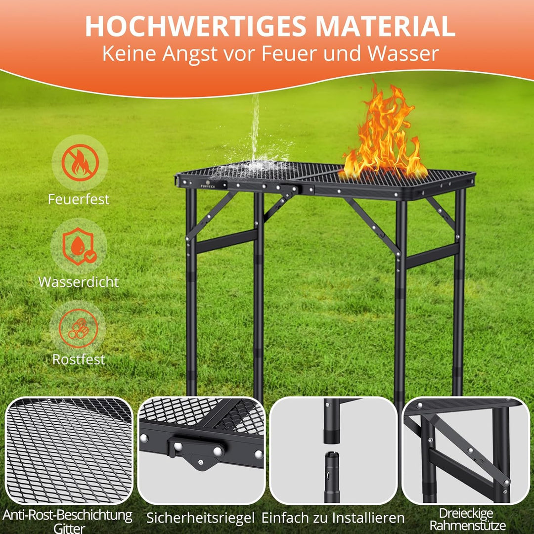 FUNYKICH Tragbarer Grilltisch 58 x 40cm, Campingtisch Outdoor Klappbar mit 3 Höhen Verstellbarer(26/