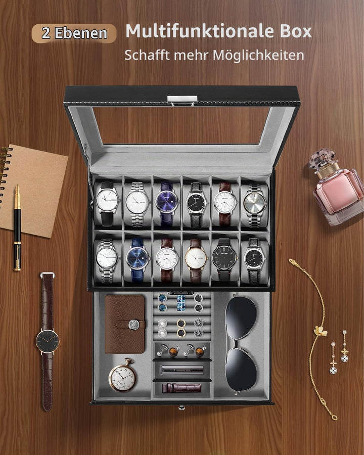 Uten Uhrenbox 12 Uhren, Uhrenkasten Herren, Schmuckkästchen Damen, Uhrenkoffer mit Schublade, Schlüs