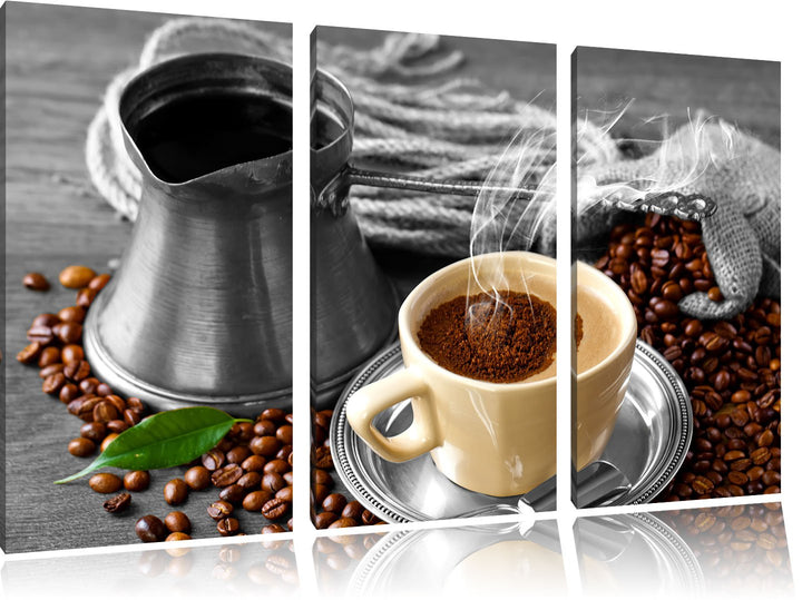 Pixxprint Dampfender Kaffe mit Kännchen schwarz/weiss 3-Teiler Leinwandbild 120x80 Bild auf Leinwand