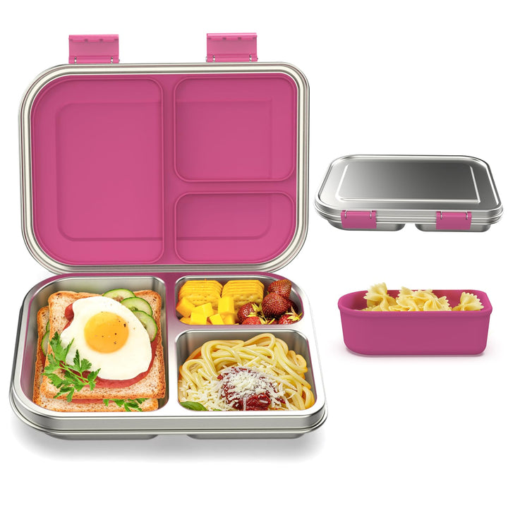 Edelstahl Brotdose Lunchbox Kinder, Metal Bento Lunch Box Auslaufsicher,3 Fächern mit Silikonbehälte