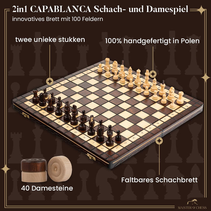 2in1 CAPABLANCA Schach und Dame Spiel | Master of Chess | Schachbrett Holz Hochwertig 40 cm | Reise