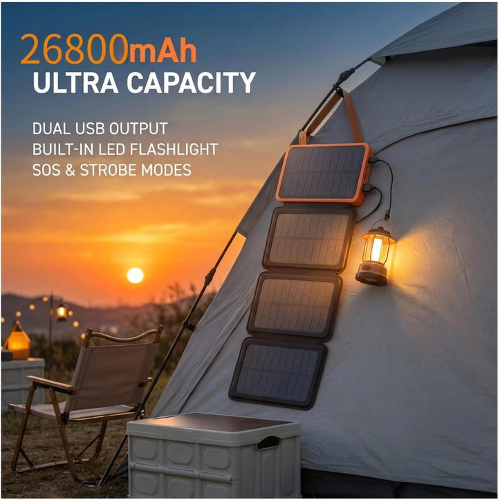 Solar Powerbank 26800mAh, Solar Ladegerät mit 2 USB-A Ausgang & 1 USB-C Eingang, Outdoor Wasserfeste