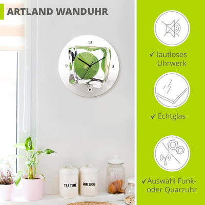 ARTLAND Wanduhr ohne Tickgeräusche Glas Quarzuhr Ø 30 cm Rund Lautlos Obst Früchte Limette im Eiswür