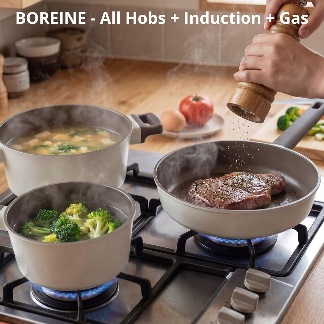BOREINE Topfset Pfannenset 5-teilig, Bratpfanne 24cm Kochtöpfe 24cm Topf 18cm mit Deckel 18/24cm, An