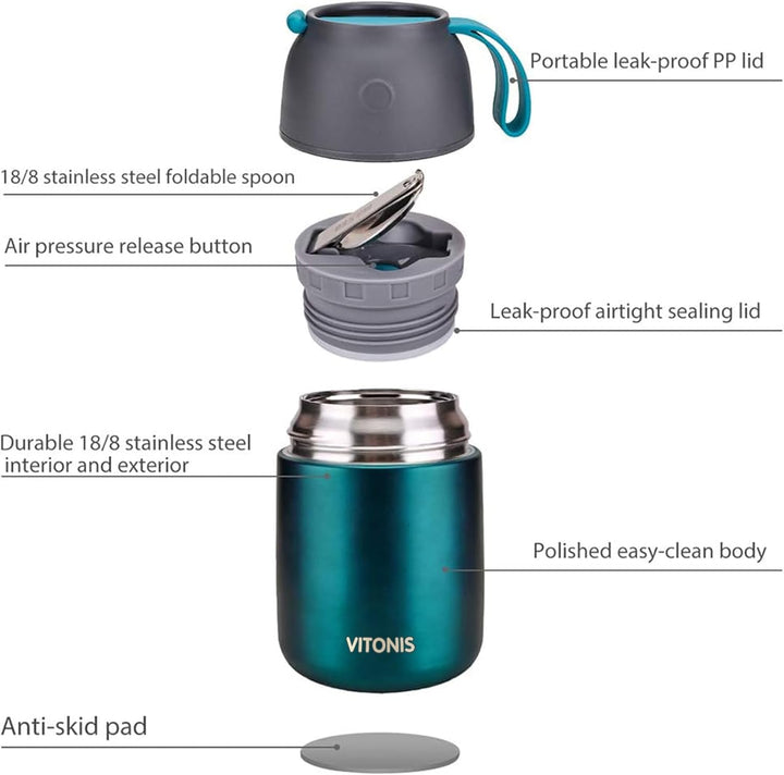 VITONIS Thermobehälter für Essen 500ml Edelstahl Isolierbehälter Gefäss für warme Speissen, Essen, S