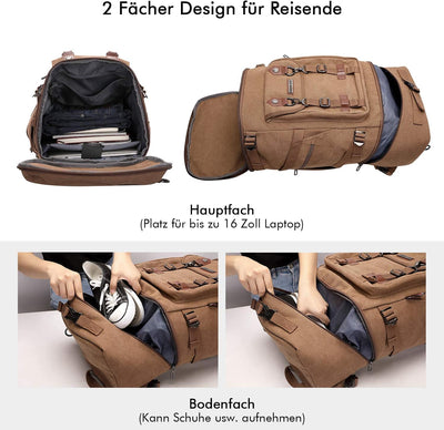 WITZMAN Vintage Canvas Rucksack Gross Reiserucksack Herren Convertible Reisetasche Laptop Rucksack W