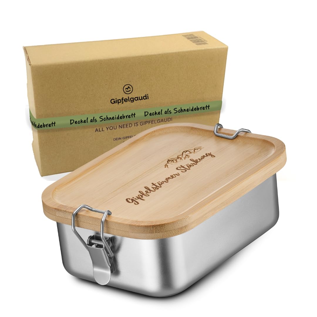 Gipfelgaudi Gipfelstürmer Brotdose mit Holzdeckel I Langlebige Edelstahl Box für Kinder & Erwachsene