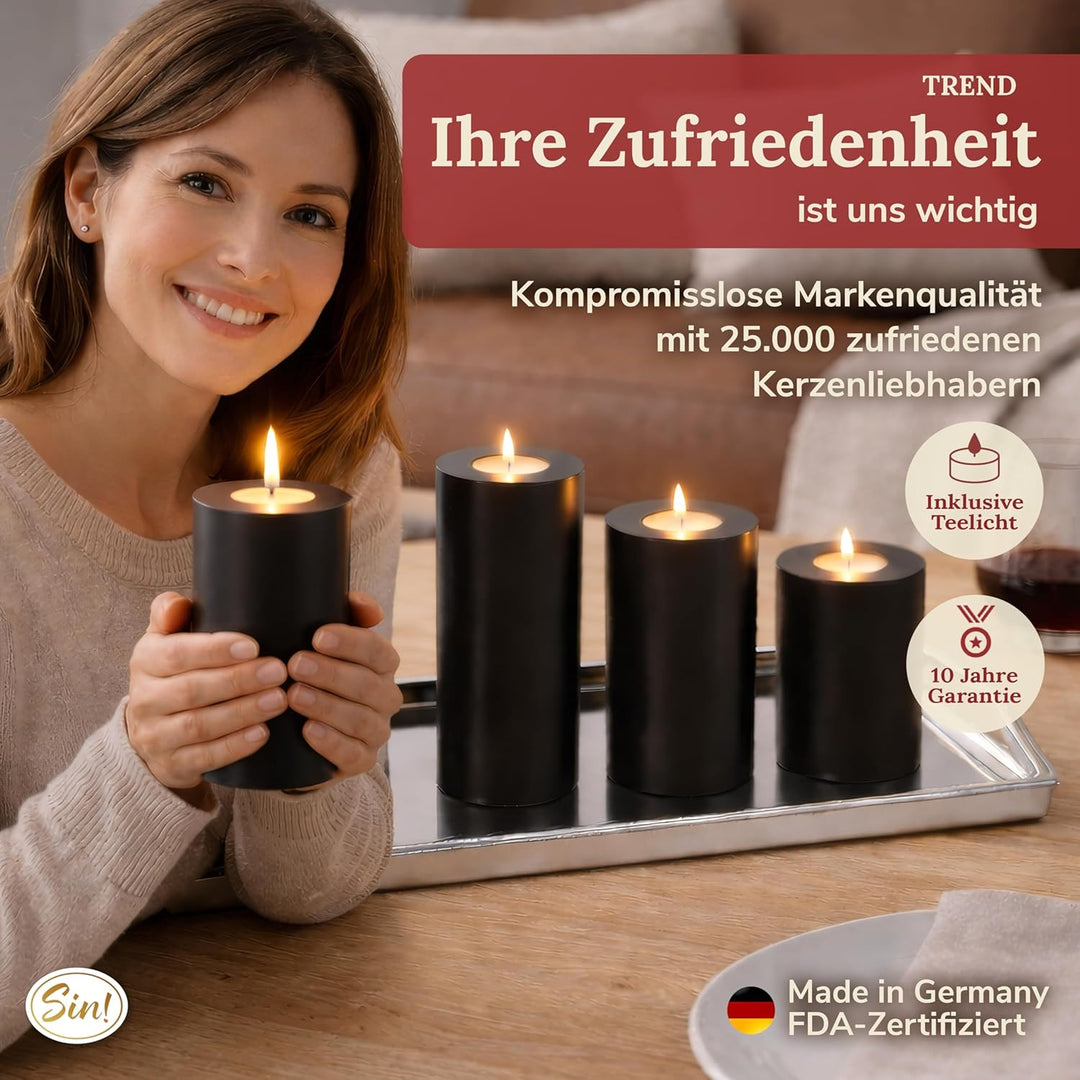 Sin!® 1x Teelichthalter & Dauerkerze Trend SCHWARZ ∅ 8cm Höhe 12cm - Die Kerze die Nicht schmilzt! K