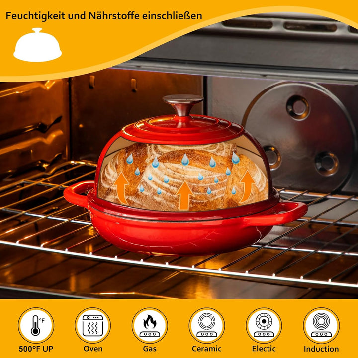 Velaze Emaille Schmortopf mit Deckel und Griffen, 4,8L Gusseisen Topf Brot Backen, 26 cm Brotbacktop