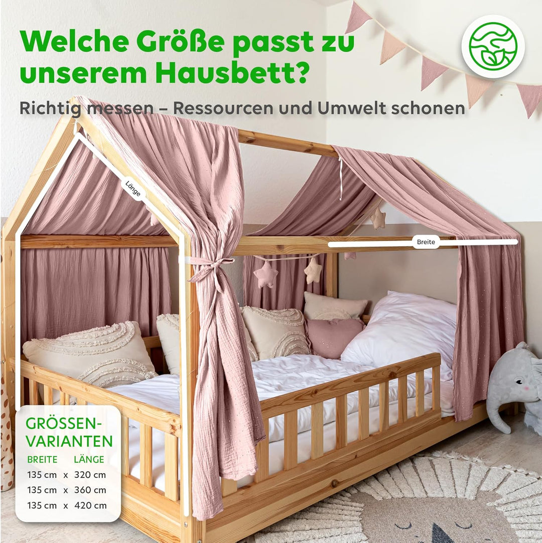 Hausbett Himmel mit Gold Applikation [in 12 Farben] Betthimmel Hausbett aus 100% Baumwolle Musselin