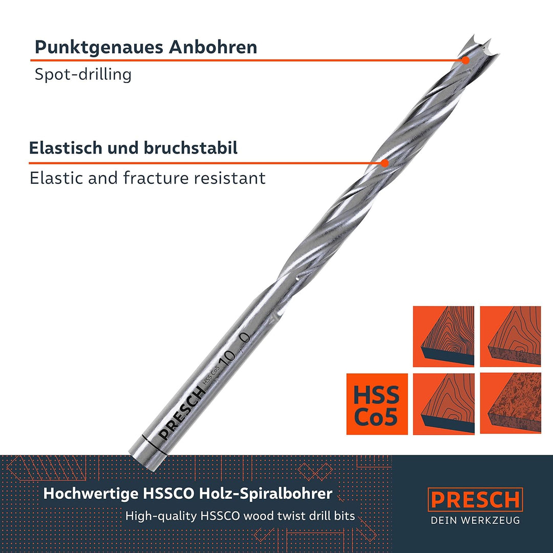 Presch Holzbohrer Set HSS Cobalt 8-tlg - Hochwertige 5% cobaltlegierte HSS Bohrer für Holz zum Bohre