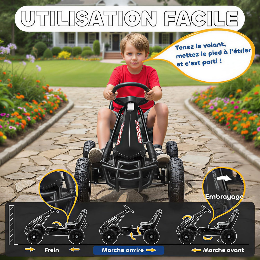 AIYAPLAY Go-Kart Gokart mit Pedalen für Kinder, verstellbarer Sitz, EVA-Reifen, Schwarz | Manuelle K