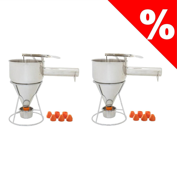 eGenuss 2er-Set Edelstahl Backtrichter Pfannkuchen Teigspender + Düsen + fester Ständer mit Teigsamm