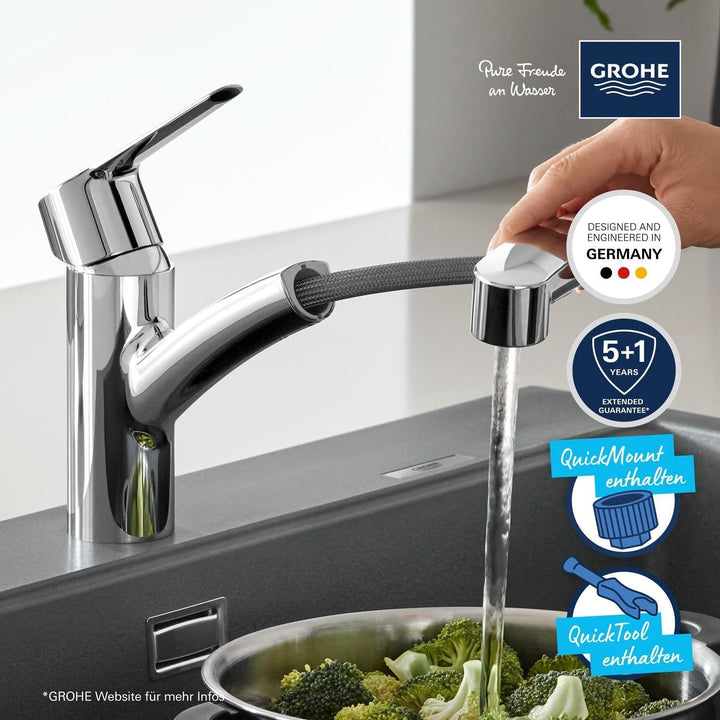 GROHE Start, Küchenarmatur 2 Strahlarten (Wasserhahn Küche mit ausziehbarer Brause, 90° schwenkbar,