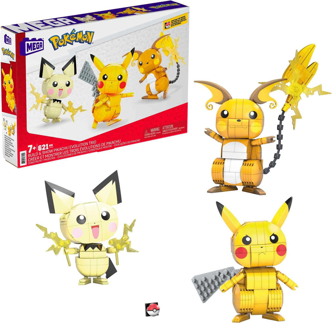 MEGA Pokémon Pikachu Evolution Trio - Bauset mit beweglichen Pichu-Entwicklungen, beeindruckende Fäh