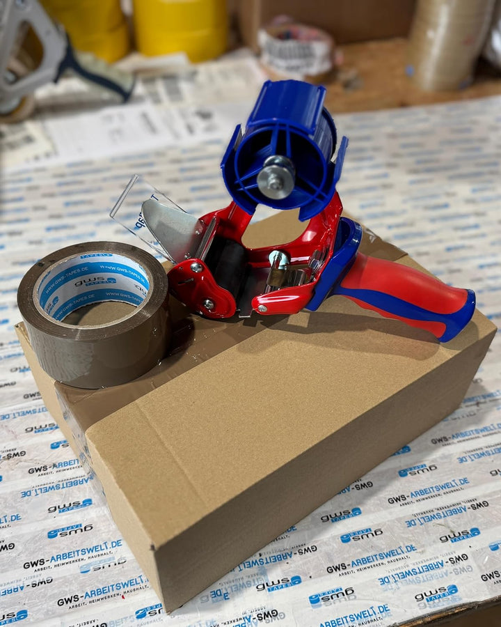 gws Packband Industrie Abroller in Rot-Blau, qualitativer Paketbandroller, für Rollen bis 66 m x 50
