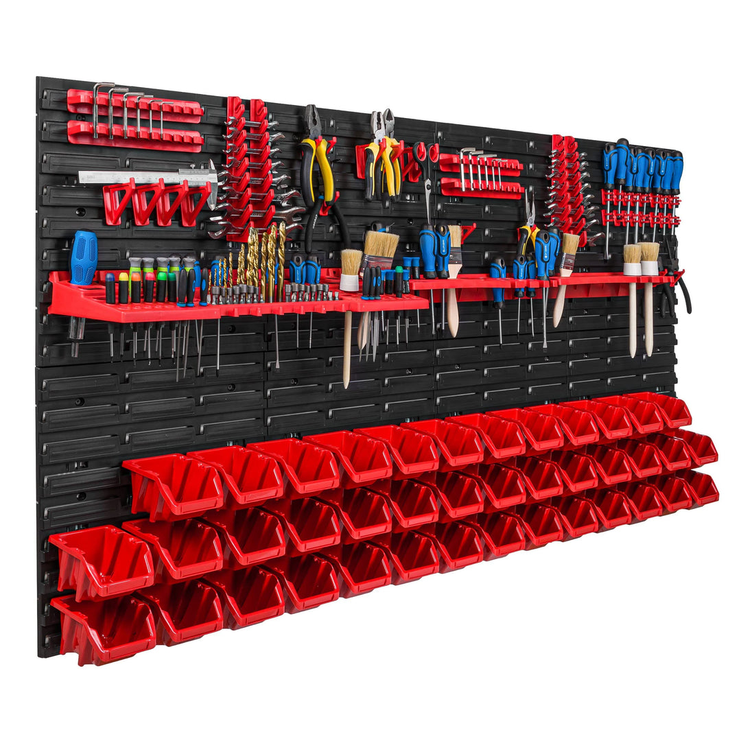 Lagersystem Werkstattregal | 156 x 78 cm | 40 stck. Box | Wandregal mit Werkzeughalterungen und Stap