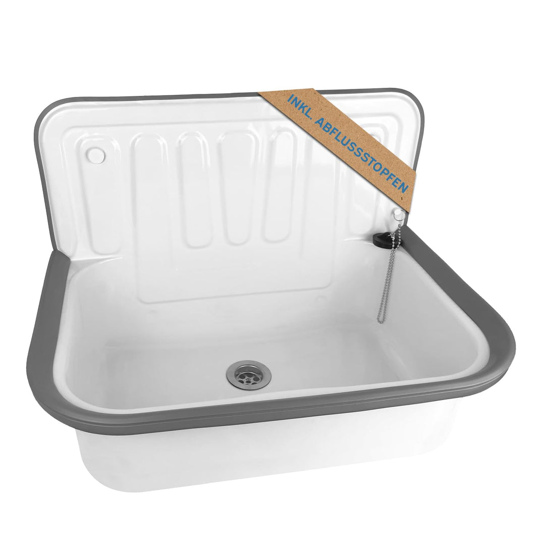 kör4u Ausgussbecken weiss 50cm, aus robustem Stahl für Keller, Waschküche, Garten, Spülbecken, inkl.