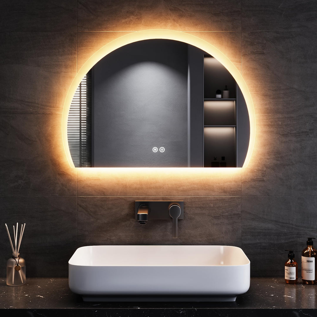 SONNI Badspiegel mit Beleuchtung Halbrund 70x50 cm, LED Spiegel mit Touch-Schalter und Dimmbar, Besc