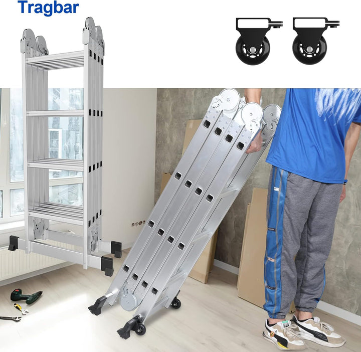 4x4 Mehrzweckleiter Aluminium, 470 cm Multifunktionsleiter Klappleiter mit 2 Plattform und 2 Räder,
