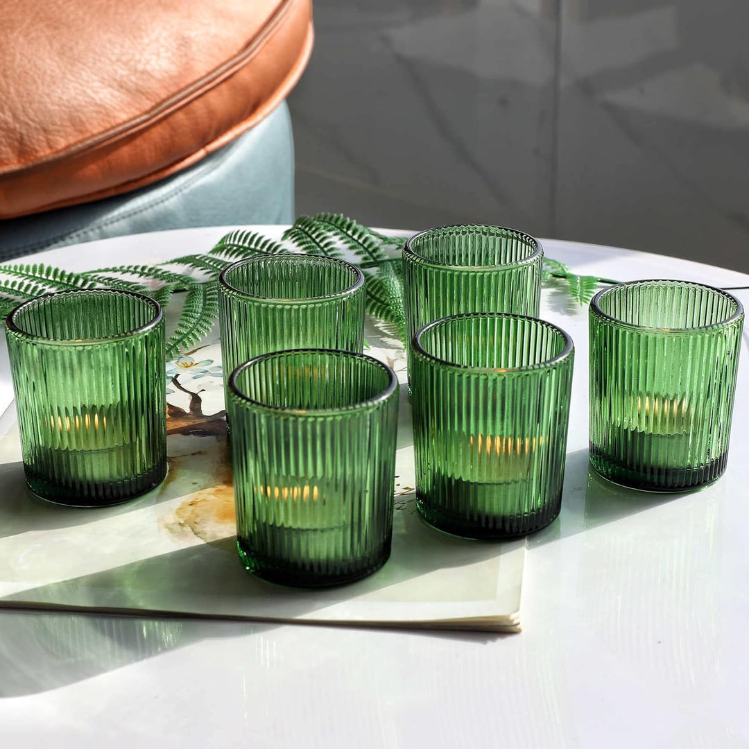 Vohocandle 12 Stück Teelichthalter aus geripptem Glas, grün gerippte Votivkerzenhalter für Hochzeits