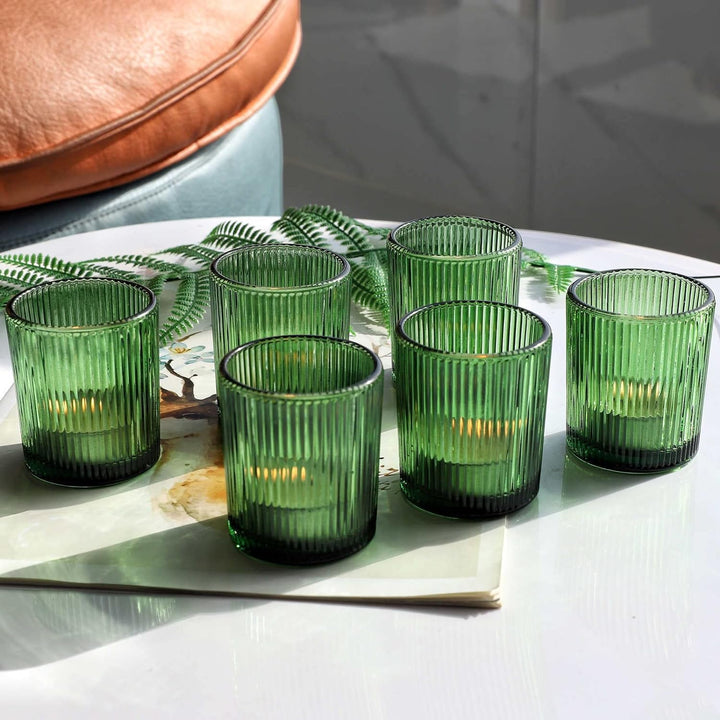 Vohocandle 12 Stück Teelichthalter aus geripptem Glas, grün gerippte Votivkerzenhalter für Hochzeits