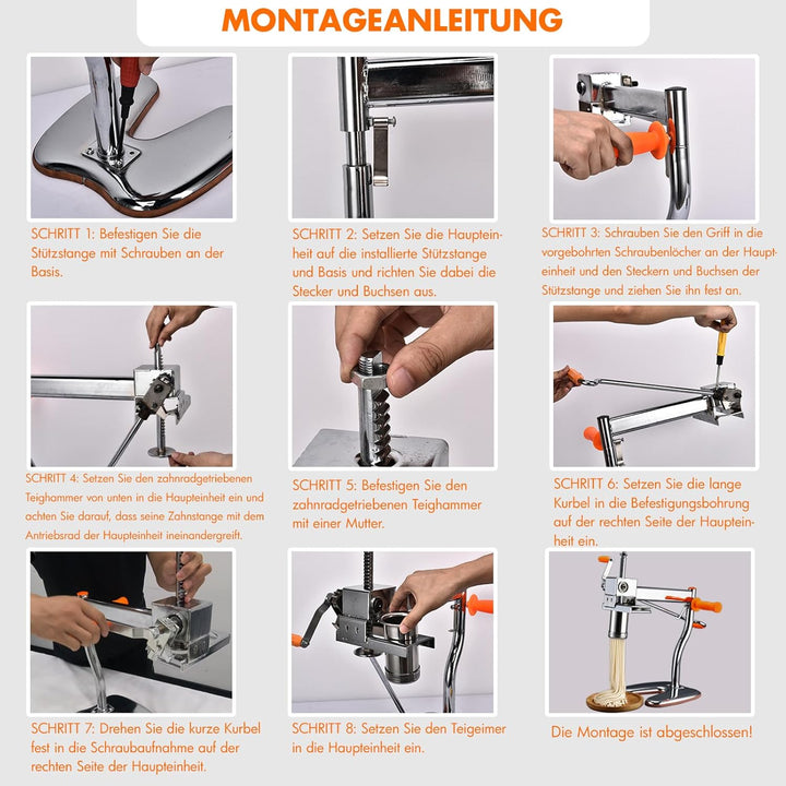 Nudelmaschine mit 8 Stahl-Formen | Ideal für Maccheroni, Fettuccine & Tagliolini | 30-Sekunden Schne