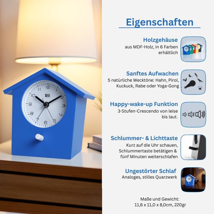 KOOKOO EarlyBird Blau, Wecker mit Vogelmelodie (Originalaufnahme) oder Dreiklangton, Blau