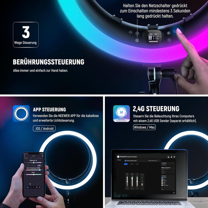 NEEWER 19" RGB Ringlicht LED Ring Light mit Ständer 3 Telefonhalterungen Touchpanel 2,4G/App Steueru