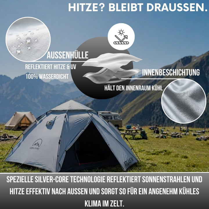 GOALPINE® Atlas IV Wurfzelt Pop-up Zelt für 2-4 grosse Personen, 100% Wasserdicht, in 40 Sekunden au