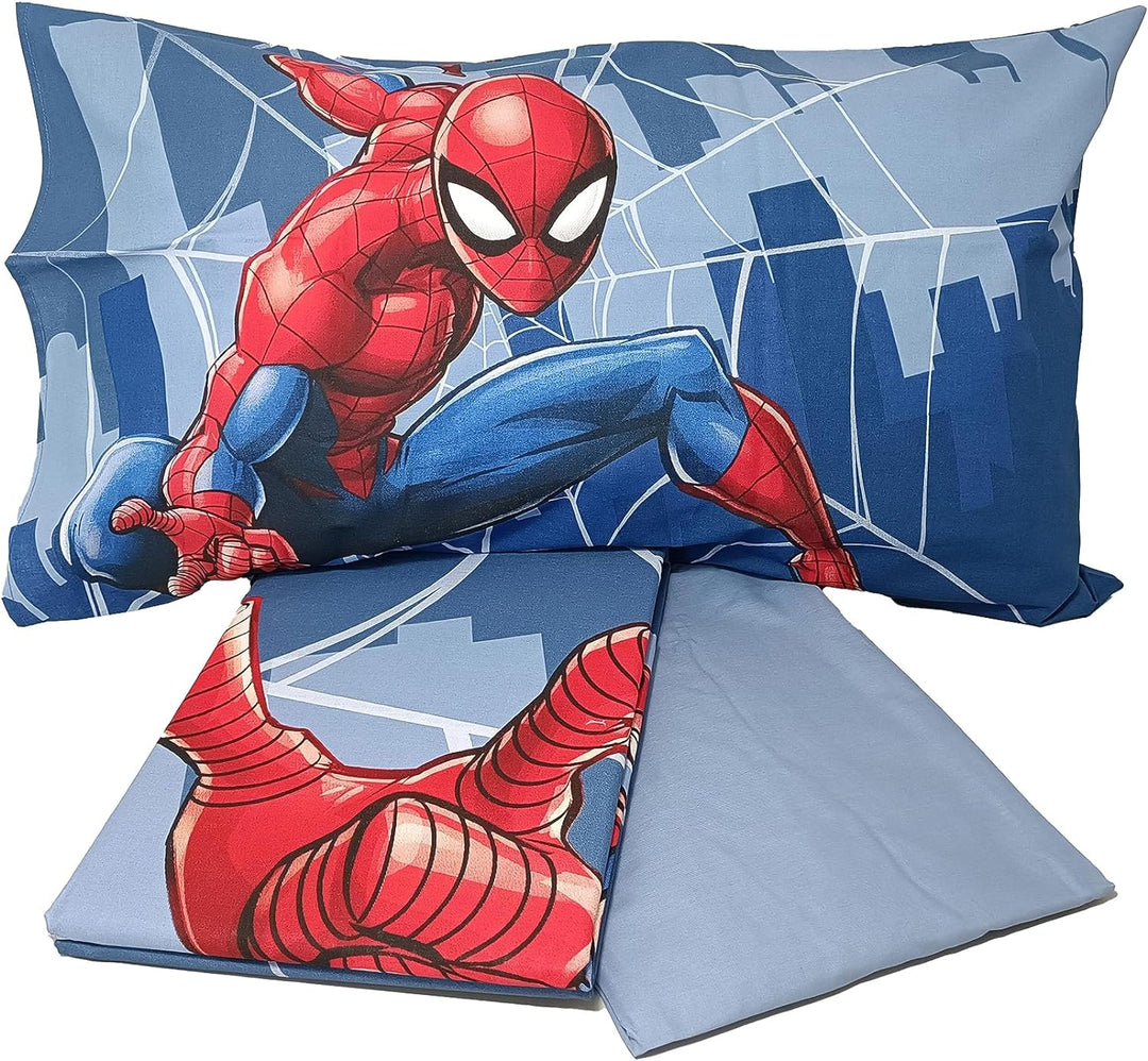 Spiderman, Bettlaken für Einzelbett, Spannbettlaken, Kissenbezug, Blau, Marvel, Disney, 100% Baumwol
