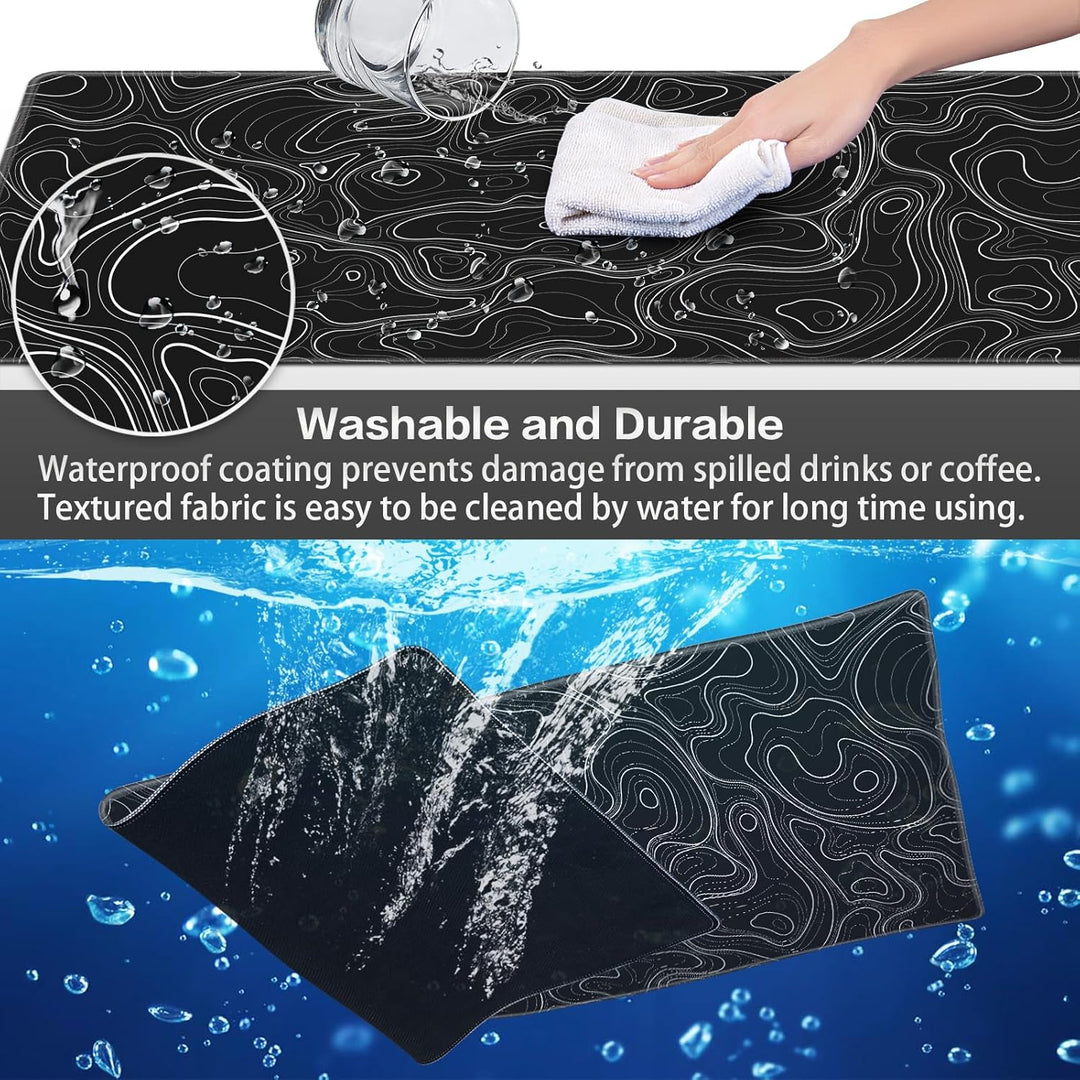 Gaming Mauspad XXL, Mousepad 900 x 400mm, Schwarz Topographisch Schreibtischunterlage gross Vernähte