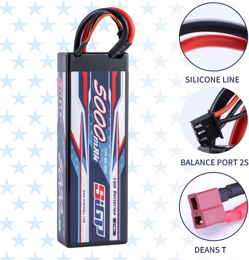 SIGP 2S 7.4V Lipo Battery 5000mAh 130C Hard Case with Deans T Plug for RC Car Truck Boat Vehicles Ta