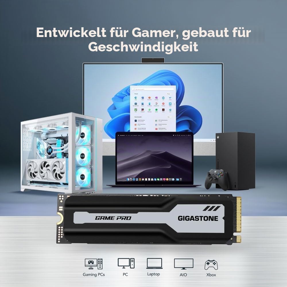 Gigastone M.2 SSD 1TB mit Kühlkörper Optimiert für PS5 NVMe SSD M.2 2280 PCIe Gen4 Ultraschnelle Int
