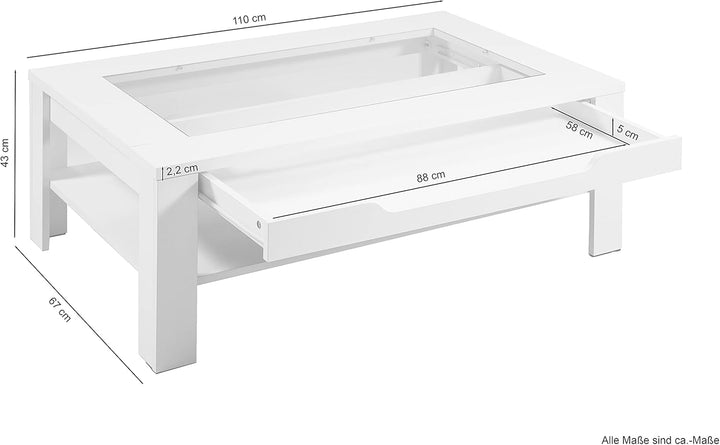 byLIVING Couchtisch RALPH/moderner Sofatisch mit Glaseinlage und grosszügiger Schublade in Eiche-Opt