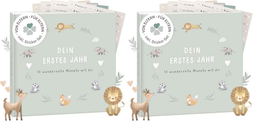 mintkind® Mein erstes Jahr Babyalbum Salbei – sanftes Babytagebuch mit 176 Seiten und Sticker-Set fü