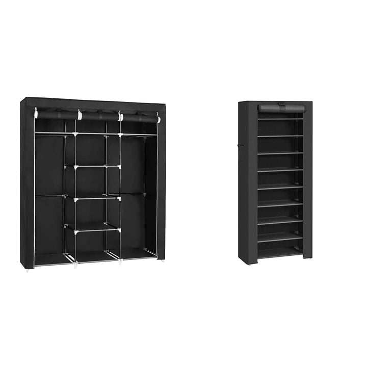 SONGMICS Kleiderschrank, Faltschrank, 175 x 150 x 45 cm, schwarz RYG12B & Schuhregal mit 10 Ebenen S