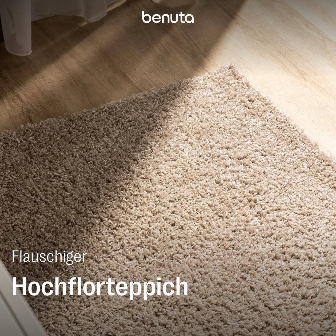 benuta Basic Hochflorteppich Soho - Beige 70x200 cm - Kuschelig Weicher Teppich im Minimalistischen