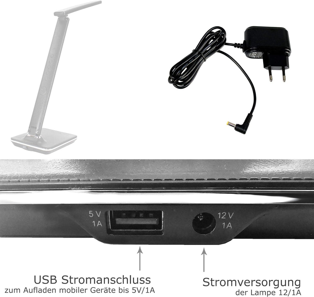 @tec Dimmbare LED Schreibtischlampe in Lederoptik mit Display für Datums, Uhrzeit, Temperatur - schw
