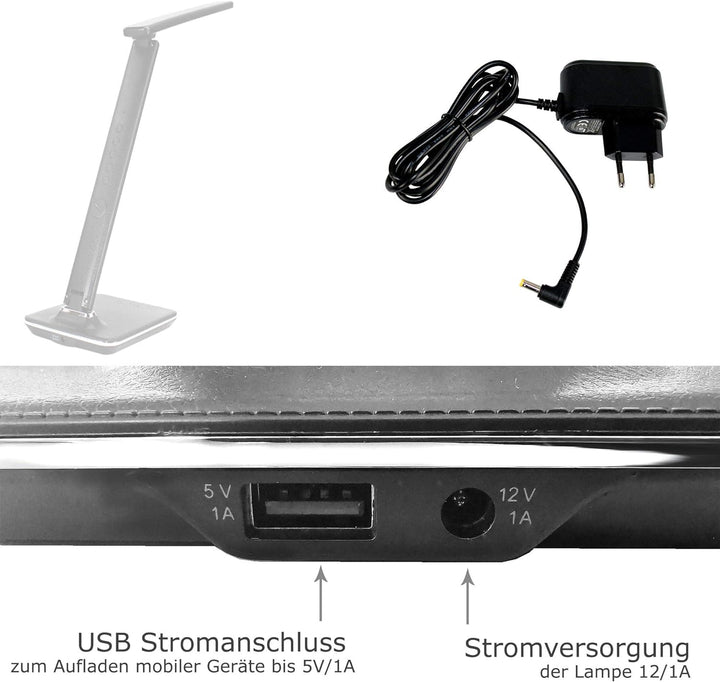 @tec Dimmbare LED Schreibtischlampe in Lederoptik mit Display für Datums, Uhrzeit, Temperatur - schw