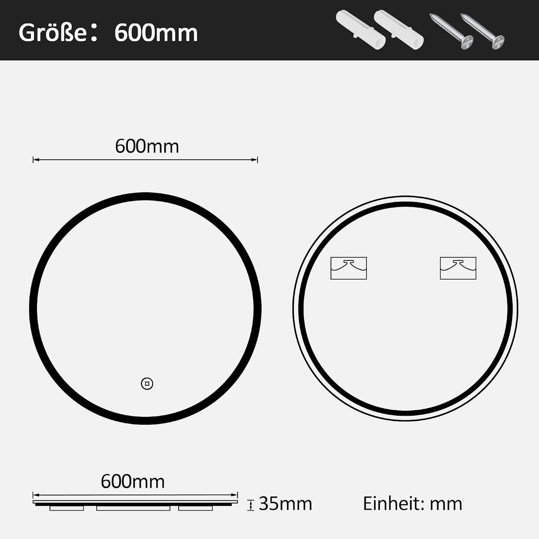 Boromal LED Badspiegel Rund mit Beleuchtung 60x60cm LED Spiegel Rund 3000K-6500K 1810LM Runder Badez