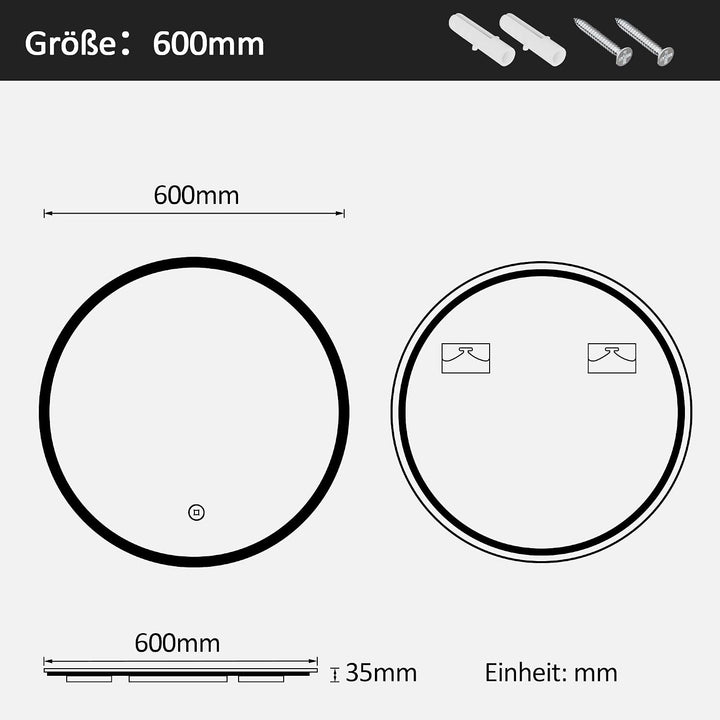 Boromal LED Badspiegel mit Beleuchtung 60x60cm Rund Badezimmerspiegel 3 Lichtfarbe Dimmbar 3000-6500