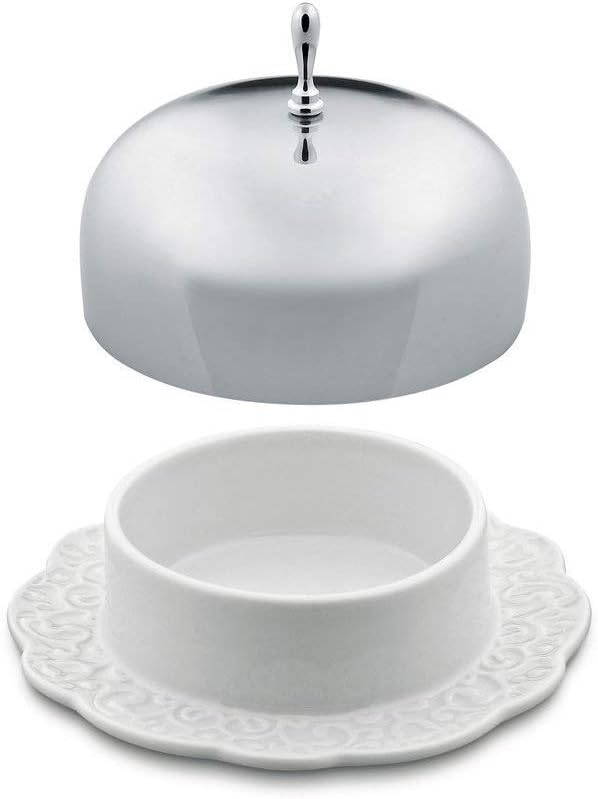 Alessi MW16 Dressed Butterdose rund aus Porzellan, Weiss, 16 x 13.5 x 32 cm