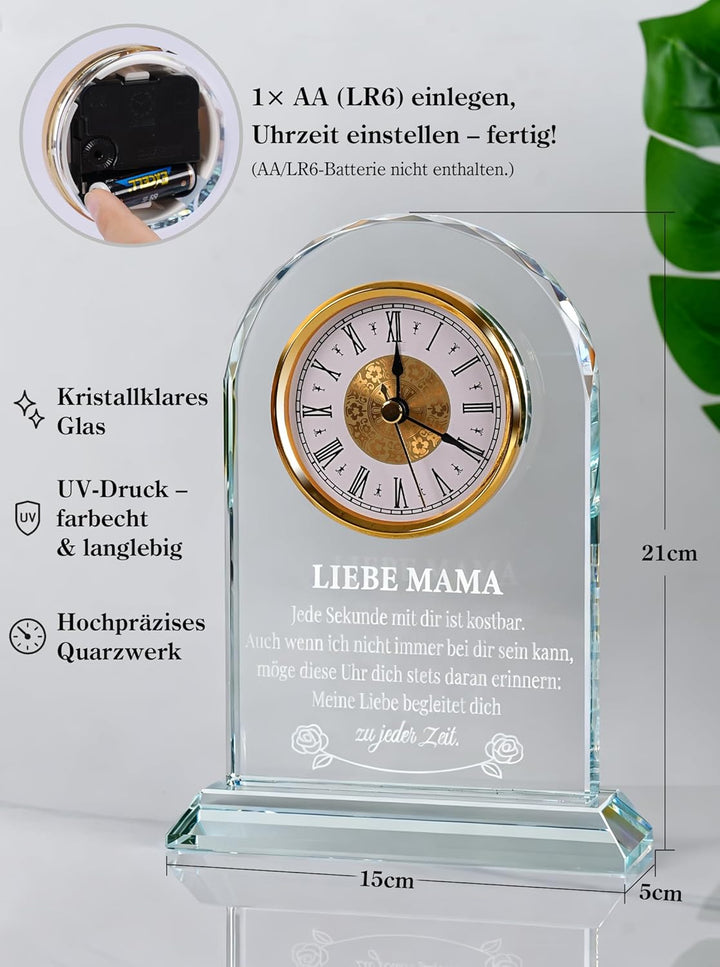 Geschenk für Mama zum Geburtstag & Muttertag – Edle Glasuhr mit Spruch von Tochter & Sohn – Besonder