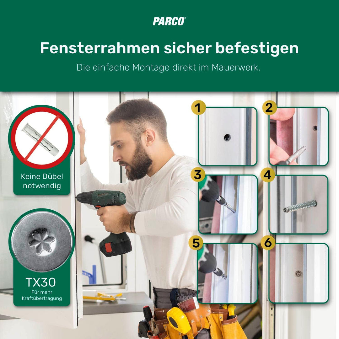 PARCO Fensterrahmenschrauben Universal 7,5x302 mm Senkkopf TX30 100 Stück 7,5 x 302 mm - 100 Stück,